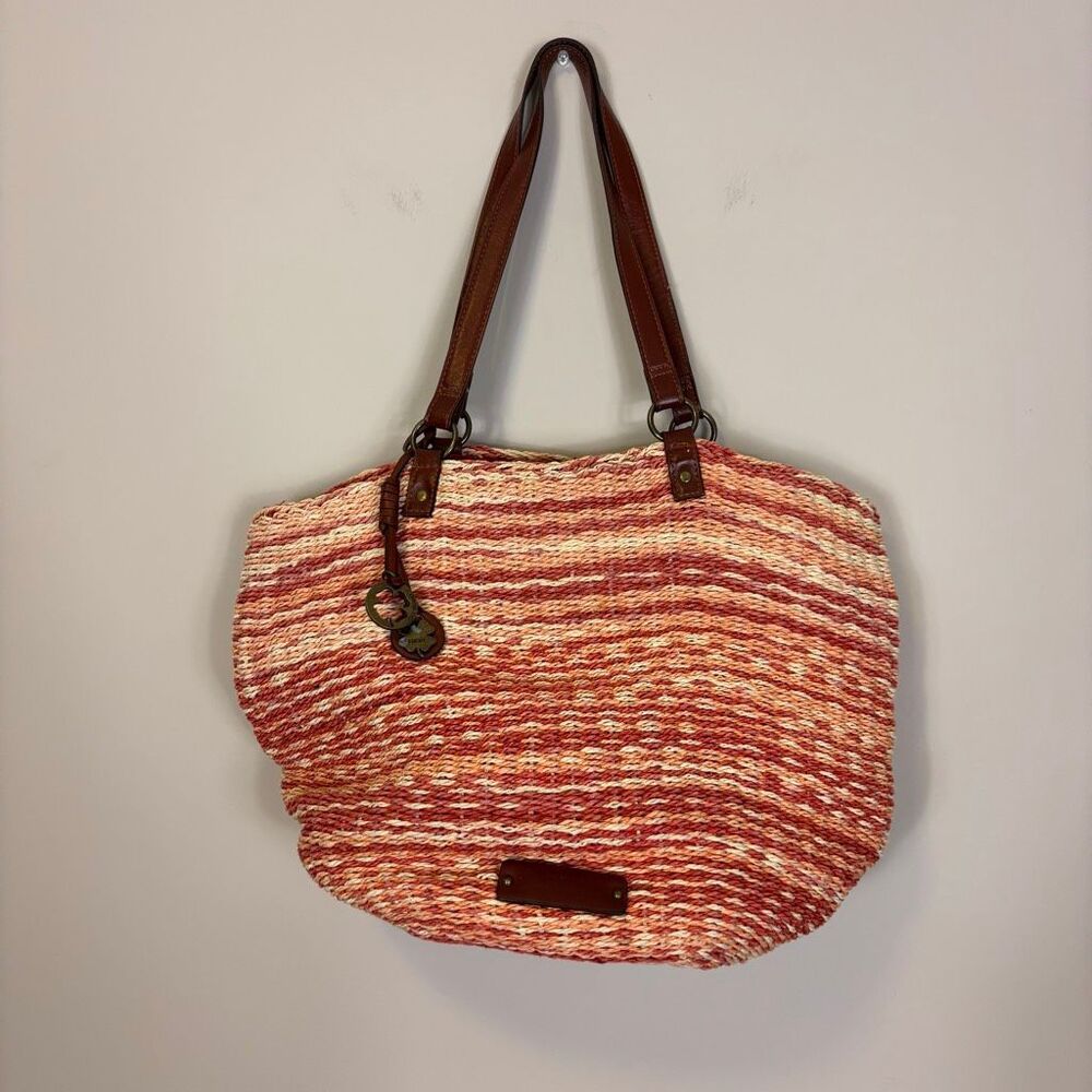 Lucky Brand Orange & Red Woven Shoulder Bag Purse with Brown Leather Straps